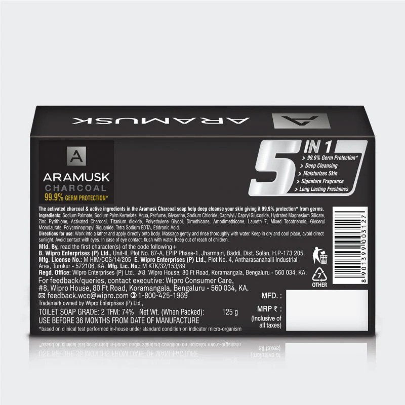 Aramusk Charcoal 99.99% Germ Protection Soap Made For Men 125gm
