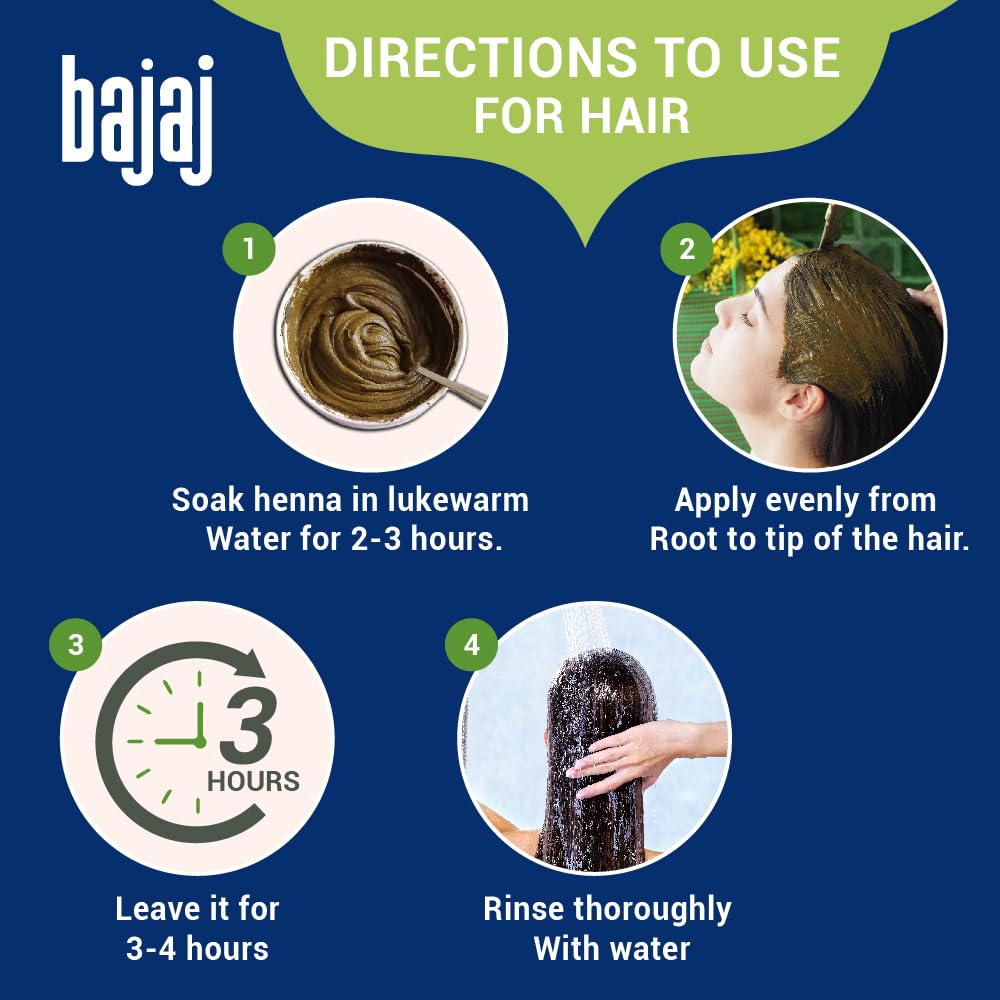 Bajaj 100% Pure Henna Rich Natural Colour For Hair Hand And Feed 500gm