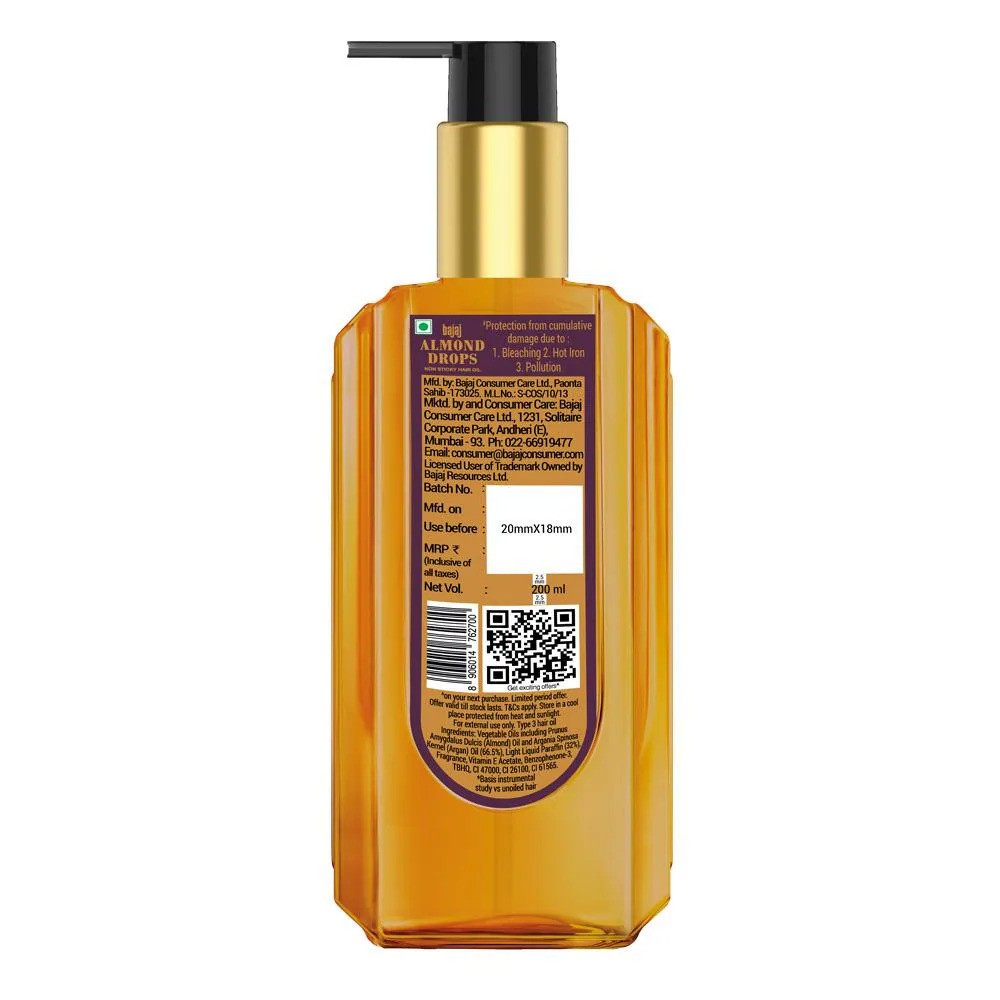 Bajaj Almond Drops With Almond And Argan Non Sticky Hair Oil 200ml