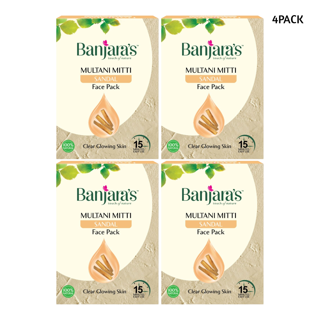 Banjaras Multani Mitti Sandal Clear Glowing Skin Face Pack 100gm Pack Of 4